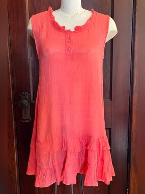 Casa Donna Sleeveless Coral Pink Ruffle Hem Women's Linen/Cotton Dress - Size L